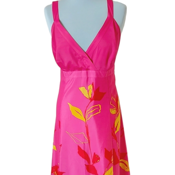 Debut Pink Floral Maxi Dress Size 16 Empire Line Yellow Red Print Pattern Lined. - Picture 3 of 10